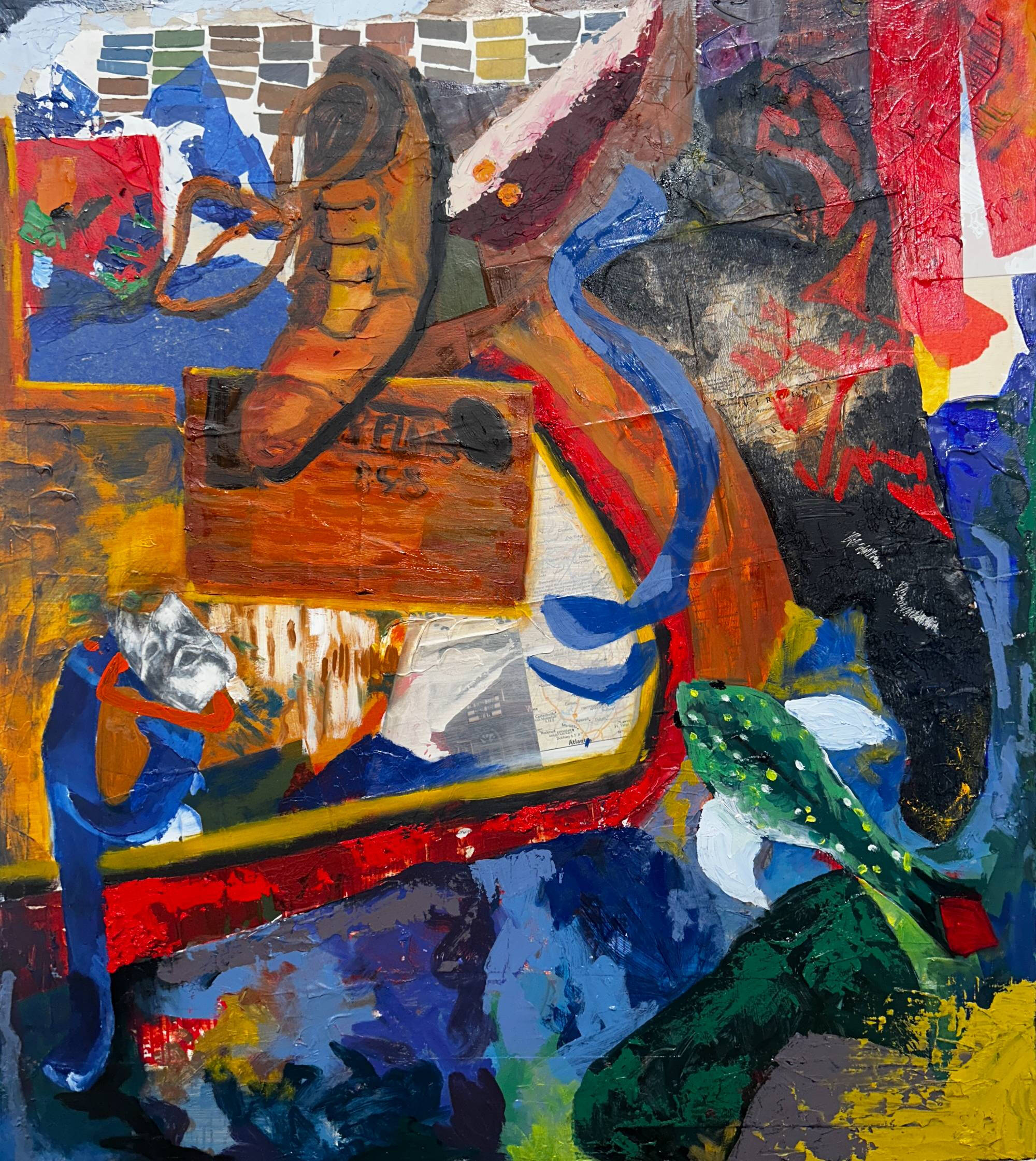 Colorful collage-like image with different blocks of color and a shoe.